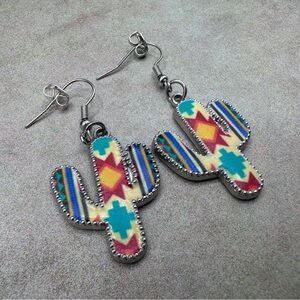 Southwestern Cactus Drop Earrings - Turquoise, Red & Yellow